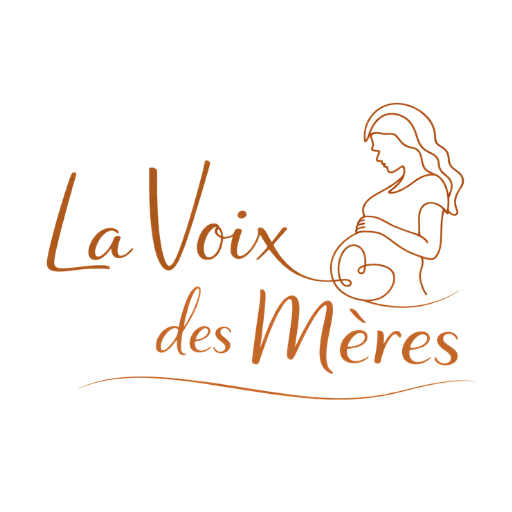 Logo La Voix des Mères représentant une femme enceinte en line art avec un cœur formé par le cordon, accompagnement post-natal et récits de naissance.